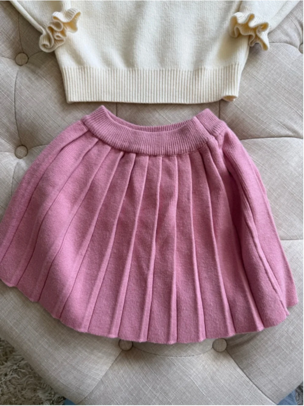 Girls Cream Pink Sweater & Pleated Skirt Matching Set 4T